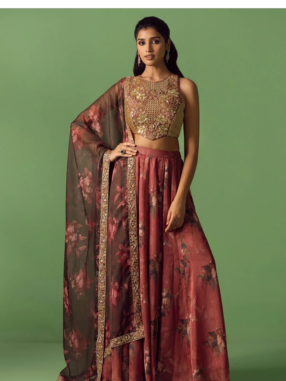Floral Rust A-Line Maxi Pants Skirt with Gold Embroidered Waist